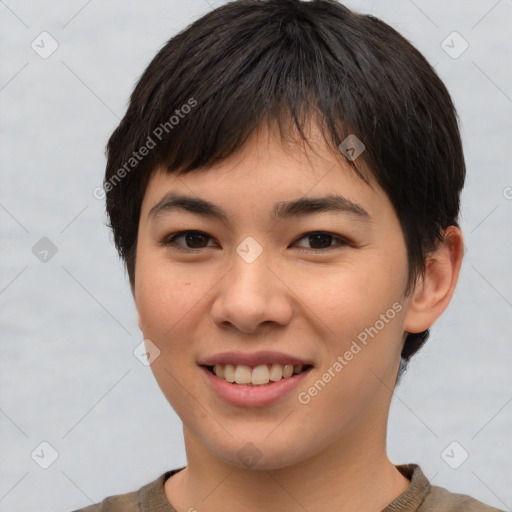 Joyful asian young-adult female with short  brown hair and brown eyes