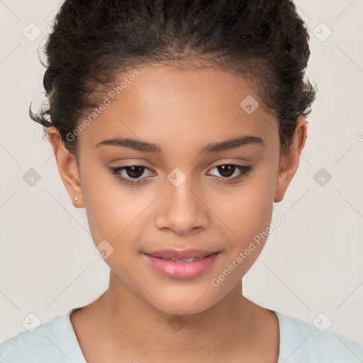 Joyful white child female with short  brown hair and brown eyes