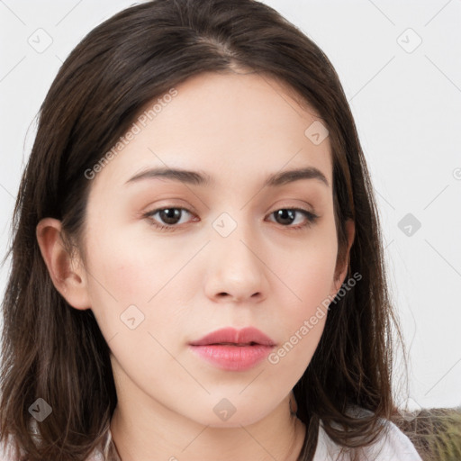 Neutral white young-adult female with long  brown hair and brown eyes