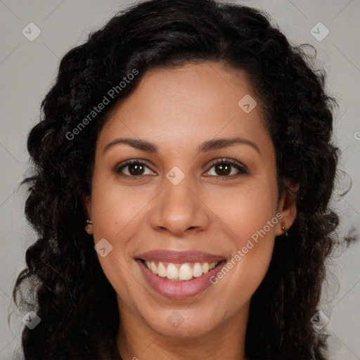 Joyful latino young-adult female with long  brown hair and brown eyes