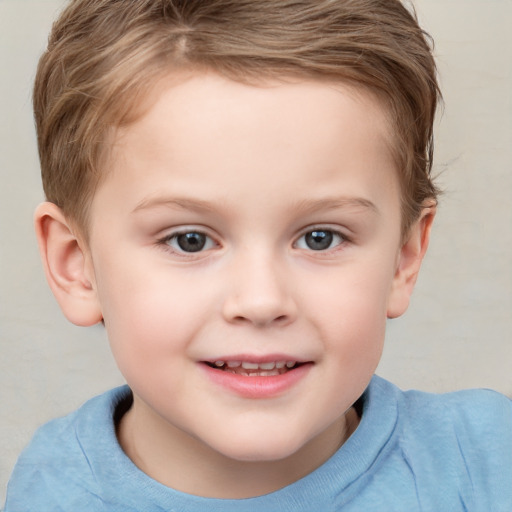 Joyful white child female with short  brown hair and grey eyes