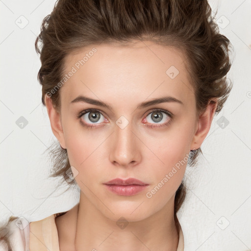 Neutral white young-adult female with medium  brown hair and grey eyes