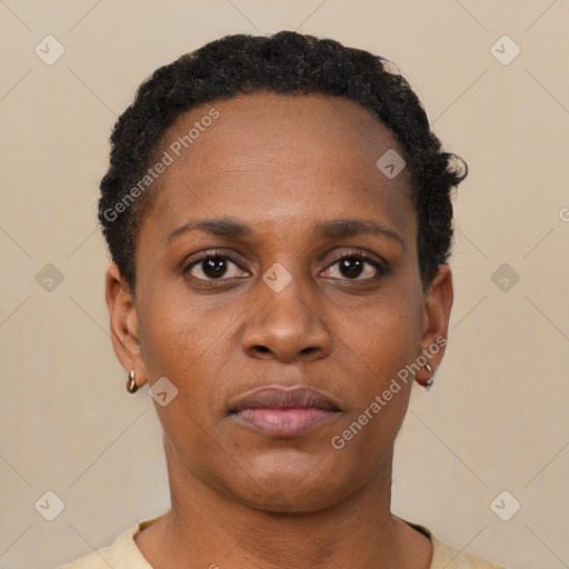 Neutral black young-adult female with short  black hair and brown eyes