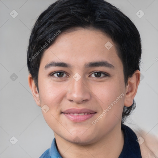 Joyful white young-adult male with short  black hair and brown eyes