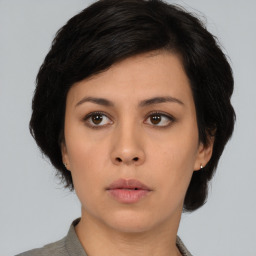 Neutral asian young-adult female with medium  black hair and brown eyes