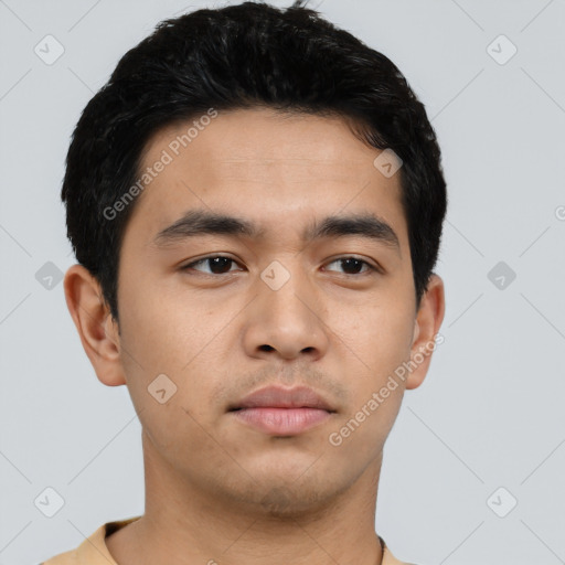 Neutral asian young-adult male with short  black hair and brown eyes