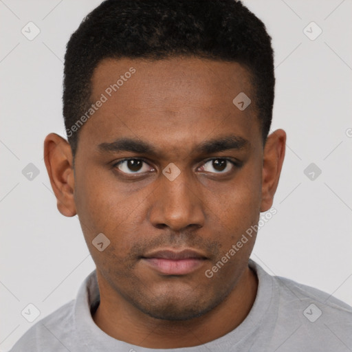 Neutral latino young-adult male with short  brown hair and brown eyes