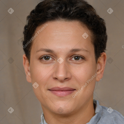 Joyful white adult female with short  brown hair and brown eyes