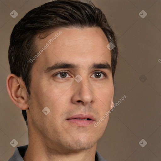 Neutral white adult male with short  brown hair and brown eyes