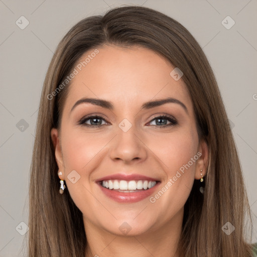 Joyful white young-adult female with long  brown hair and grey eyes