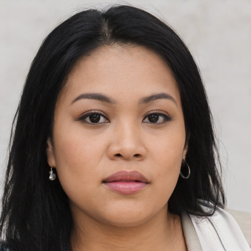Neutral asian young-adult female with long  brown hair and brown eyes