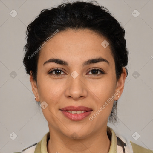 Joyful latino young-adult female with medium  brown hair and brown eyes