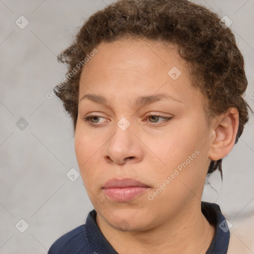 Neutral white young-adult female with short  brown hair and brown eyes