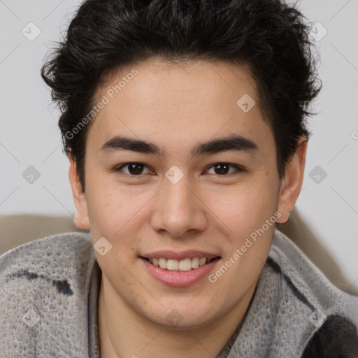 Joyful latino young-adult male with short  brown hair and brown eyes