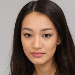 Neutral asian young-adult female with long  brown hair and brown eyes