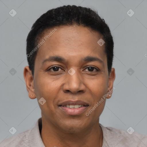 Joyful black young-adult male with short  black hair and brown eyes