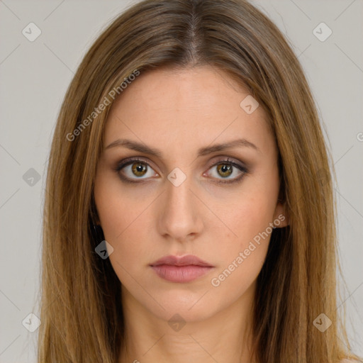 Neutral white young-adult female with long  brown hair and brown eyes