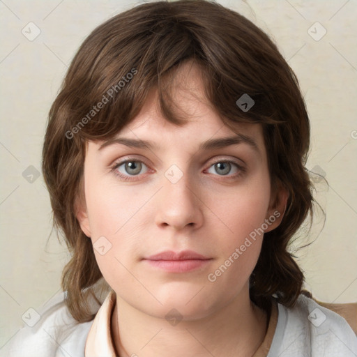 Neutral white young-adult female with medium  brown hair and green eyes