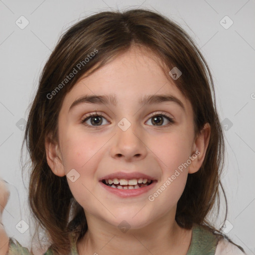 Joyful white child female with medium  brown hair and brown eyes