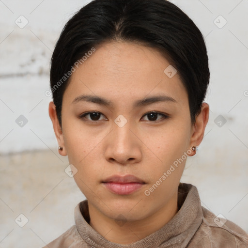 Neutral asian young-adult female with short  brown hair and brown eyes