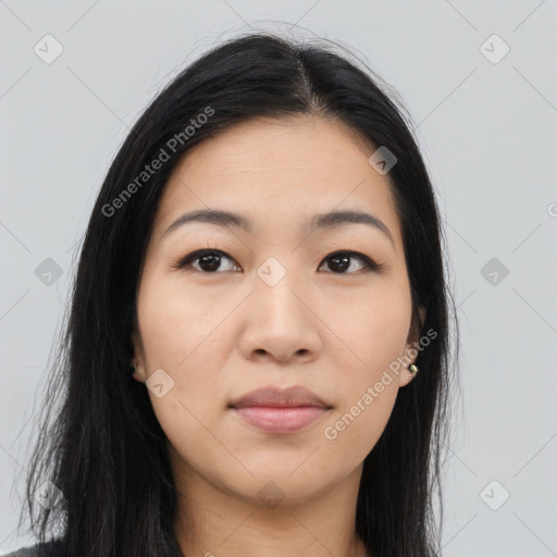 Neutral asian young-adult female with long  black hair and brown eyes