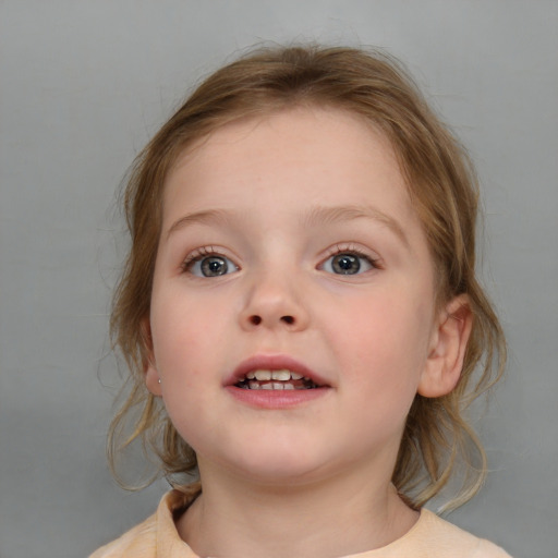 Neutral white child female with medium  brown hair and blue eyes