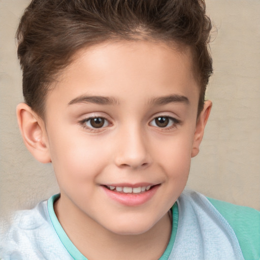 Joyful white child female with short  brown hair and brown eyes