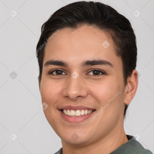 Joyful white young-adult male with short  brown hair and brown eyes