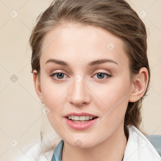 Joyful white young-adult female with medium  brown hair and blue eyes