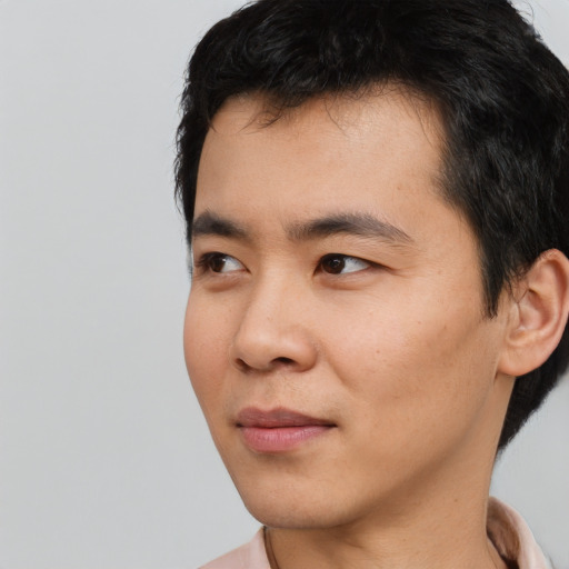 Neutral asian young-adult male with short  black hair and brown eyes