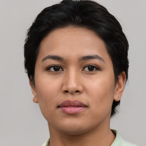 Neutral asian young-adult female with short  brown hair and brown eyes