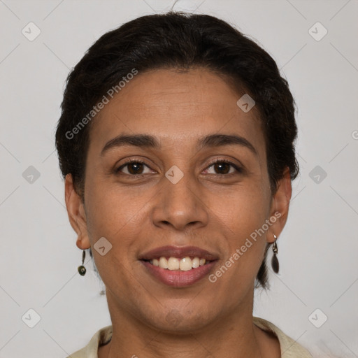 Joyful white young-adult female with short  brown hair and brown eyes