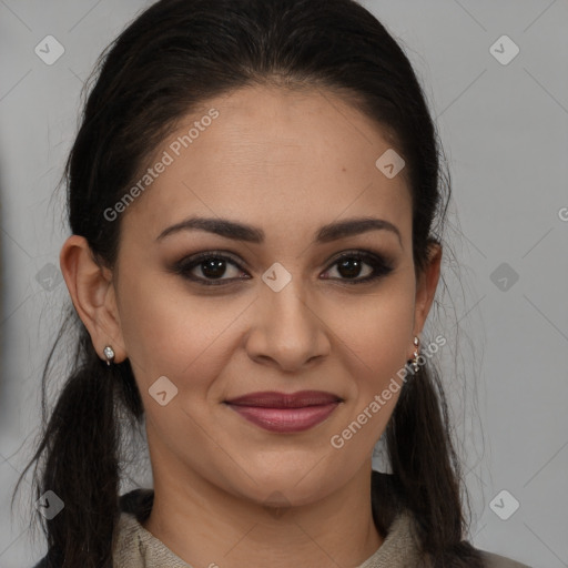 Joyful white young-adult female with long  brown hair and brown eyes