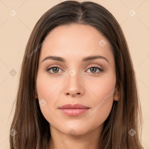 Neutral white young-adult female with long  brown hair and brown eyes