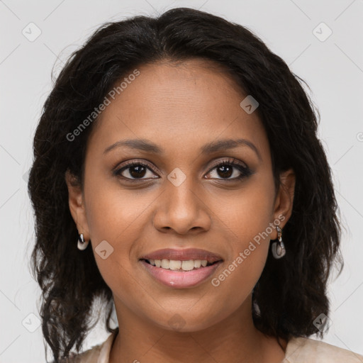 Joyful black young-adult female with medium  brown hair and brown eyes