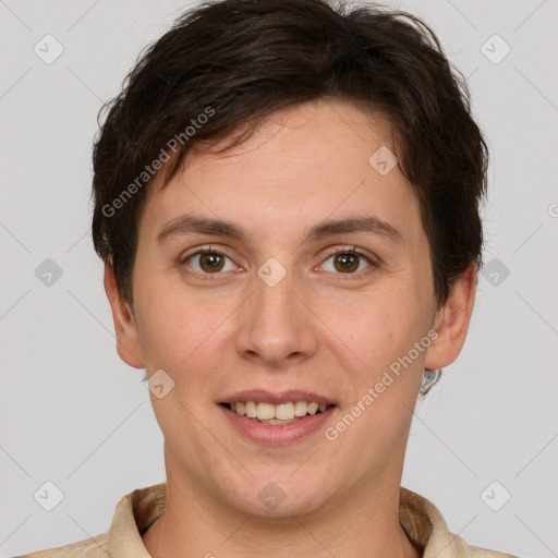 Joyful white young-adult female with short  brown hair and brown eyes