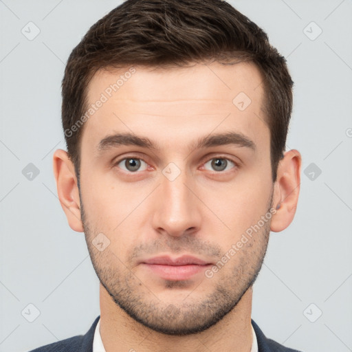 Neutral white young-adult male with short  brown hair and brown eyes