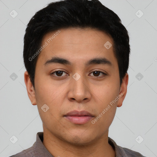 Neutral latino young-adult male with short  black hair and brown eyes