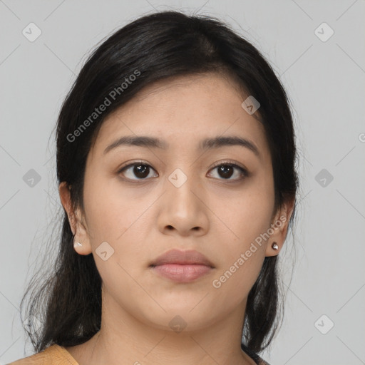 Neutral asian young-adult female with medium  brown hair and brown eyes