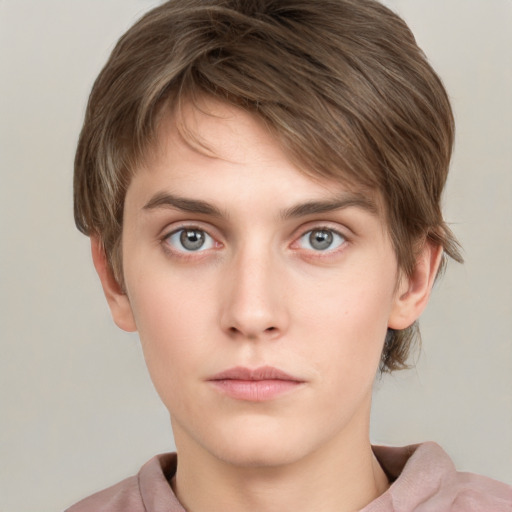 Neutral white young-adult male with medium  brown hair and grey eyes