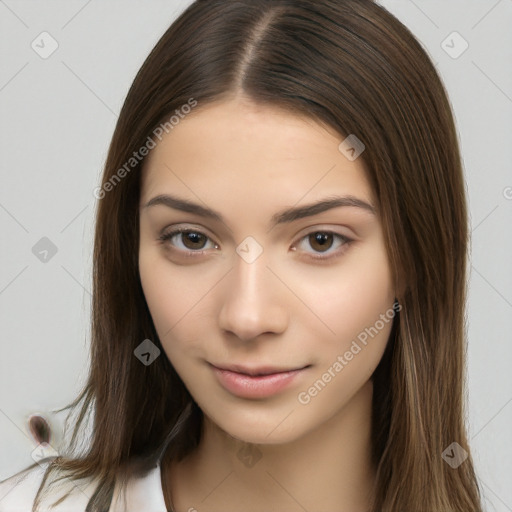 Neutral white young-adult female with long  brown hair and brown eyes