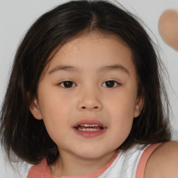 Joyful white child female with medium  brown hair and brown eyes