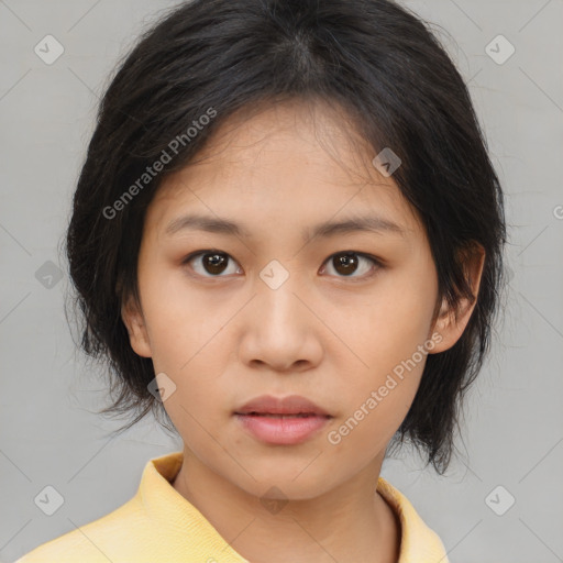 Neutral asian young-adult female with medium  brown hair and brown eyes