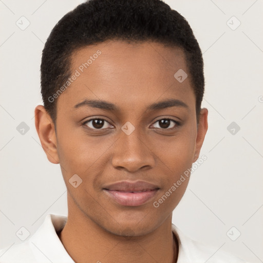 Joyful black young-adult female with short  brown hair and brown eyes