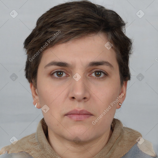 Neutral white young-adult female with short  brown hair and brown eyes