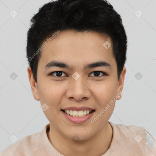 Joyful latino young-adult male with short  brown hair and brown eyes