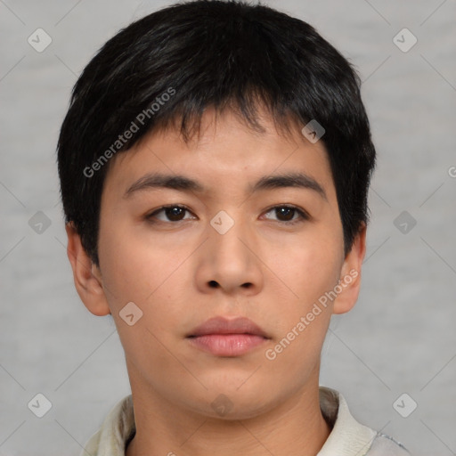 Neutral asian young-adult male with short  black hair and brown eyes