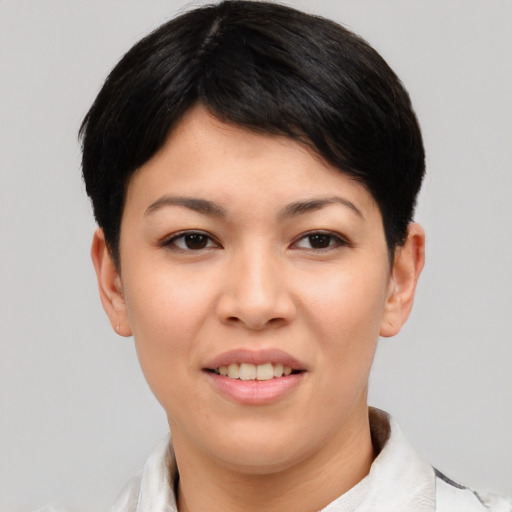 Joyful asian young-adult female with short  brown hair and brown eyes