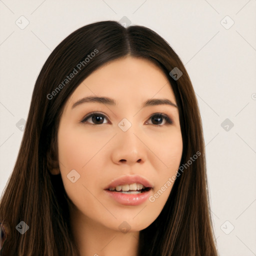 Neutral asian young-adult female with long  brown hair and brown eyes