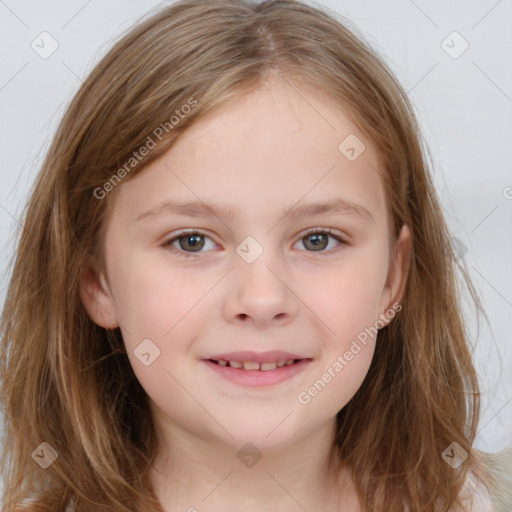 Joyful white child female with medium  brown hair and brown eyes